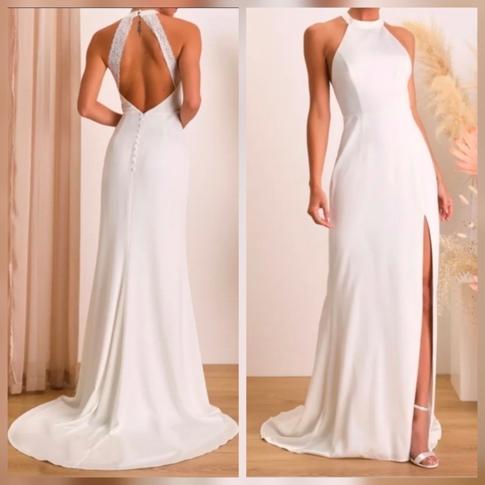 Lulus Radiant Adoration White Satin Lace Backless Halter Maxi Wedding Gown, L